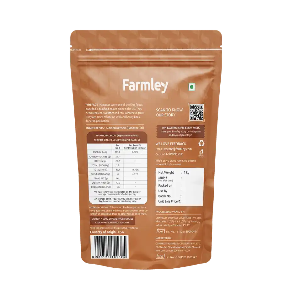 Premium California Almonds Farmley Standee Pouch 1 Kg