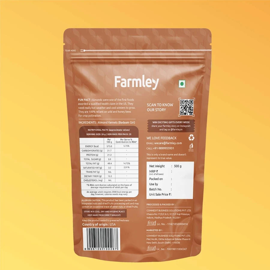 Premium California Almonds Farmley Standee Pouch 500 g